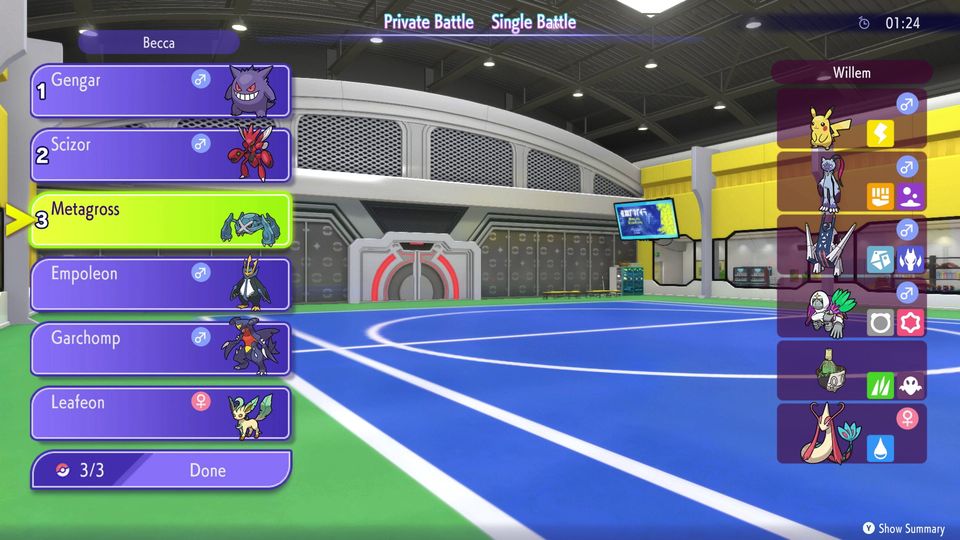 Private Battle menu showing Pokémon teams of two players named Becca and Willem. Becca has Metagross selected on her team.