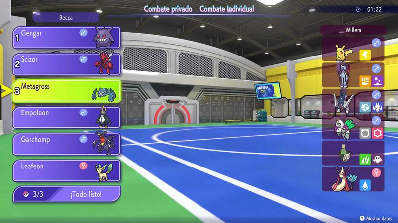 Menú de un combate privado con los equipos Pokémon de dos jugadores llamados Becca y Willem. Becca tiene seleccionado a Metagross.