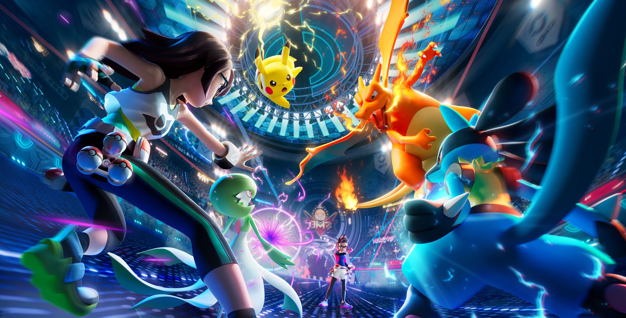 Avatar féminin accompagné d’un Gardevoir et d’un Lucario affrontant un avatar masculin accompagné d’un Dracaufeu et d’un Pikachu dans un stade.