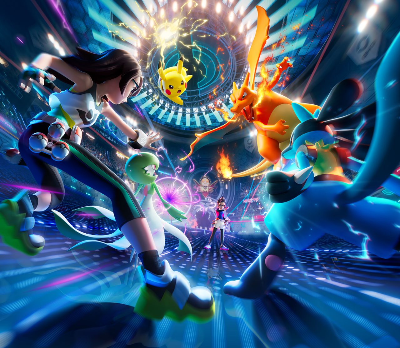 Avatar féminin accompagné d’un Gardevoir et d’un Lucario affrontant un avatar masculin accompagné d’un Dracaufeu et d’un Pikachu dans un stade.