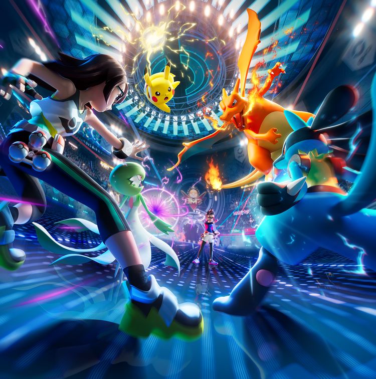 Avatar féminin accompagné d’un Gardevoir et d’un Lucario affrontant un avatar masculin accompagné d’un Dracaufeu et d’un Pikachu dans un stade.