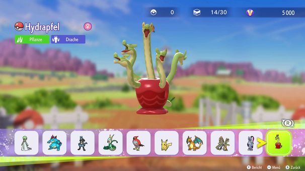 Das Pokémon-Team-Menü, in dem ein weibliches Hydrapfel ausgewählt ist, das als Typ Pflanze und Drache aufgeführt wird.