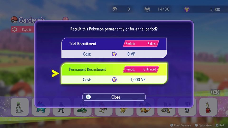 Recruit this Pokémon permanently or for a trial period? Two text options are shown: Trial Recruitment, Period: 7 days, Cost: 0 VP. Permanent Recruitment, Period: Unlimited, Cost: 1,000 VP. "Permanent Recruitment" is selected.