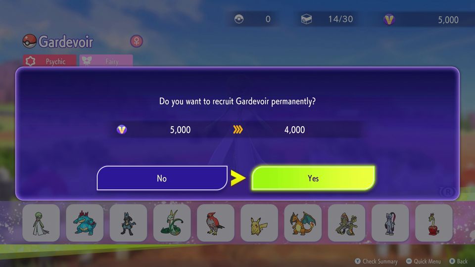 Do you want to recruit Gardevoir permanently? Two text options are shown: No and Yes. "Yes" is selected.