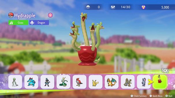 A Pokémon team menu with female Hydrapple selected, listed as a Grass and Dragon type.