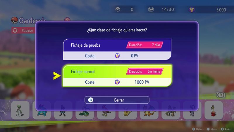 ¿Qué clase de fichaje quieres hacer? Dos opciones: "Fichaje de prueba, Duración: 7 días, Coste: 0 PV", "Fichaje normal, Duración: Sin límite, Coste: 1000 PV". "Fichaje normal" es la opción seleccionada.