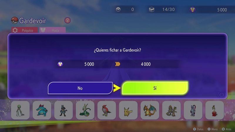 ¿Quieres fichar a Gardevoir? Dos opciones: "No" y "Sí". "Sí" es la opción seleccionada.