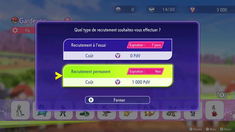 Quel type de recrutement souhaitez-vous effectuer ? Deux options sont présentées : « Recrutement à l’essai », durée (7 jours), coût (0 PdV). « Recrutement permanent », durée illimitée, coût (1 000 PdV). « Recrutement permanent » est sélectionné.