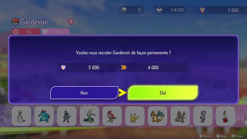 Voulez-vous recruter Gardevoir de façon permanente ? Deux options sont proposées : « Non » et « Oui ». L’option « Oui » est sélectionnée.