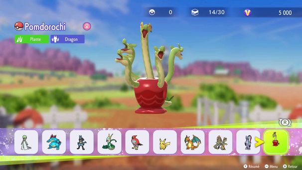 Une liste d’équipe. Le curseur est placé sur un Pomdorochi femelle de type Plante et Dragon.