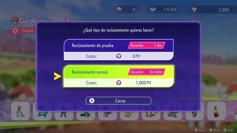 ¿Qué clase de reclutamiento quieres hacer? Dos opciones: "Reclutamiento de prueba, Duración: 7 días, Costo: 0 PV", "Reclutamiento normal, Duración: Sin límite, Costo: 1,000 PV". "Reclutamiento normal" es la opción seleccionada.