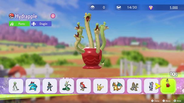 Pantalla del menú del equipo Pokémon con un Hydrapple hembra seleccionado, de tipo Planta y Dragón.