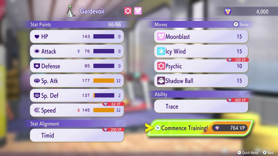 Gardevoir Training menu, with categories for stat points, stat alignment, moves, and Ability. Some items in each category are being increased through VP. Selected confirmation button says "Commence Training!" with a cost of 764 VP.