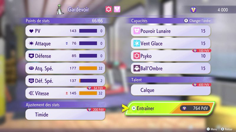 Menu d’entraînement de Gardevoir, avec des catégories pour les points de stats, l’ajustement des stats, ses capacités et son talent. Des éléments de chaque catégorie sont en cours d’amélioration grâce aux PdV. Le bouton de confirmation est sélectionné et on peut y lire « Entraîner » avec un coût de 764 PdV.