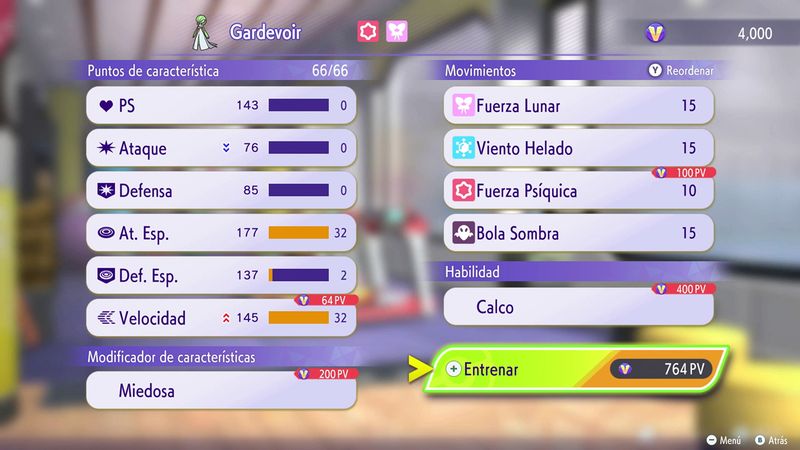Menú de entrenamiento de Gardevoir con secciones para los puntos de característica, el modificador de características, los movimientos y la habilidad. Se están mejorando algunos puntos de cada sección con PV. El botón seleccionado dice "Entrenar" y tiene un costo de 764 PV.