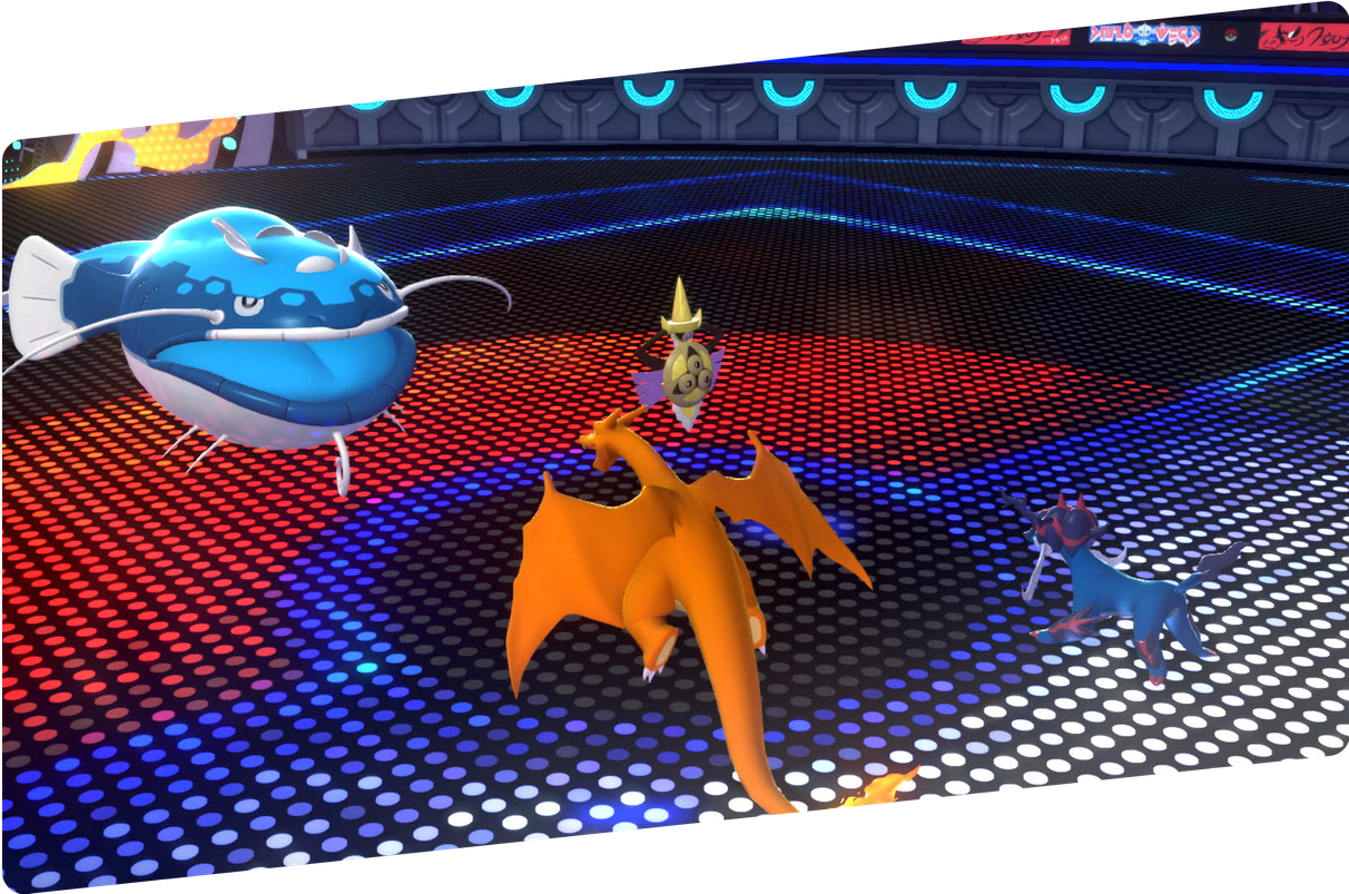 A Pokémon battle showing Dondozo and Aegislash versus Charizard and Hisuian Samurott.